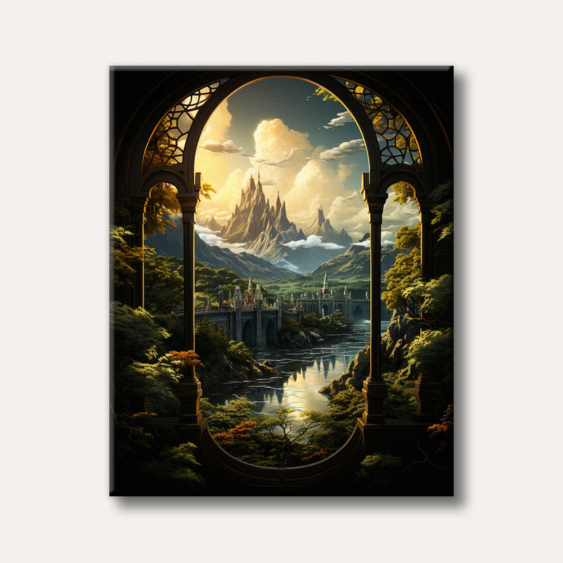 A grand fantasy landscape seen through an ornate arched window, featuring a towering castle city on a river, dramatic mountains, and lush forests under a golden sky, painted in a highly detailed style.