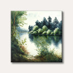 A serene watercolour landscape painting showing a calm lake reflecting green trees and lush foliage under a soft, clear sky.