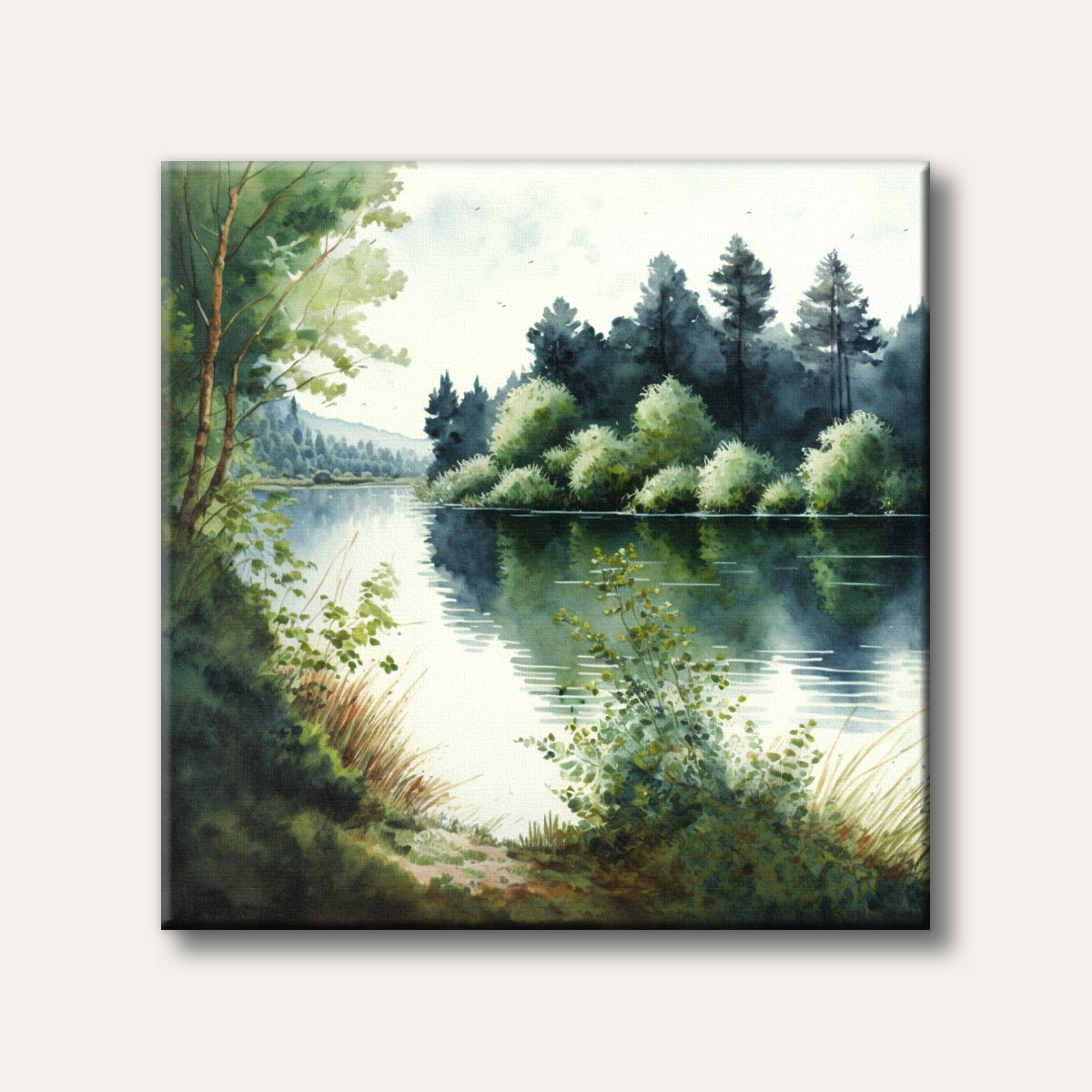 A serene watercolour landscape painting showing a calm lake reflecting green trees and lush foliage under a soft, clear sky.