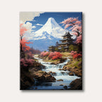 A vibrant painting of Mount Fuji towering over traditional Japanese pagodas and a cascading river, surrounded by blooming pink cherry blossom trees under a bright blue sky.