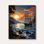 A large, dark sailing ship floats on a calm, reflective sea under a dramatic orange and yellow sunset sky, with a rugged coastline and tree in the foreground, rendered in a detailed, illustrative style.