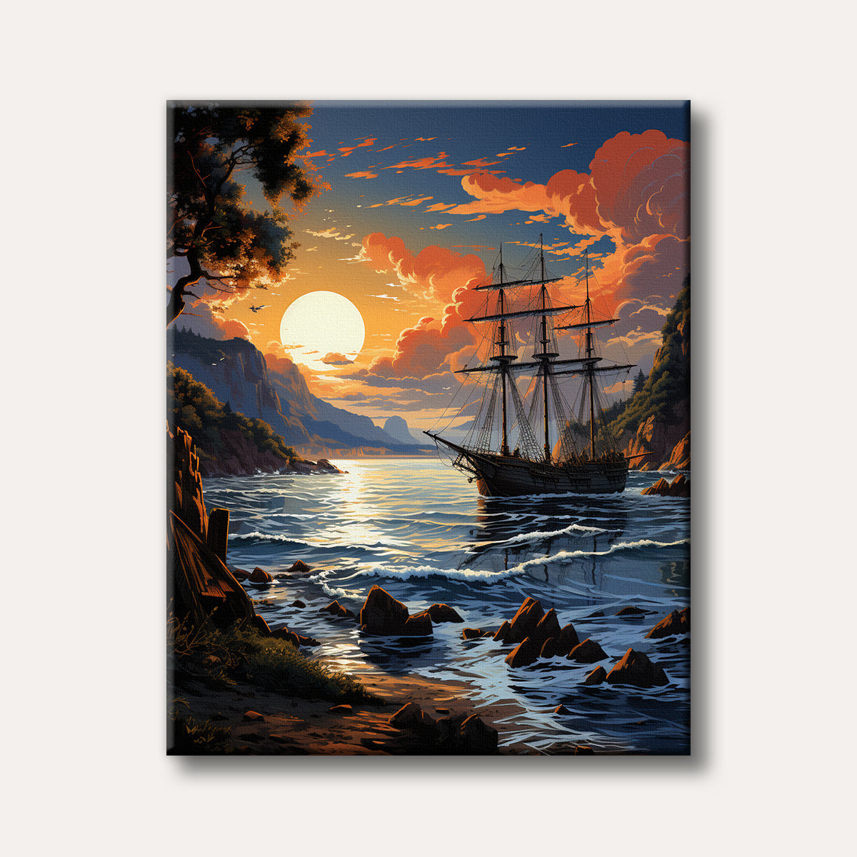 A large, dark sailing ship floats on a calm, reflective sea under a dramatic orange and yellow sunset sky, with a rugged coastline and tree in the foreground, rendered in a detailed, illustrative style.