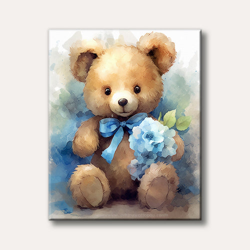 A charming painting of a fluffy brown teddy bear holding a bouquet of light blue flowers, depicted in a soft, gentle style.