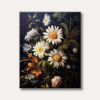 A vibrant bouquet of white and yellow daisies and other botanical elements are beautifully arranged against a deep dark background, depicted in a rich, realistic style.