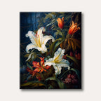 A dramatic painting featuring luminous white lilies and vivid orange-red flowers against a dark, lush jungle background, rendered in a detailed botanical style.