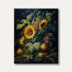 A vibrant still life painting depicting bright yellow sunflowers, red grapes, and orange fruits arranged with lush green foliage against a dark background in a classical style.