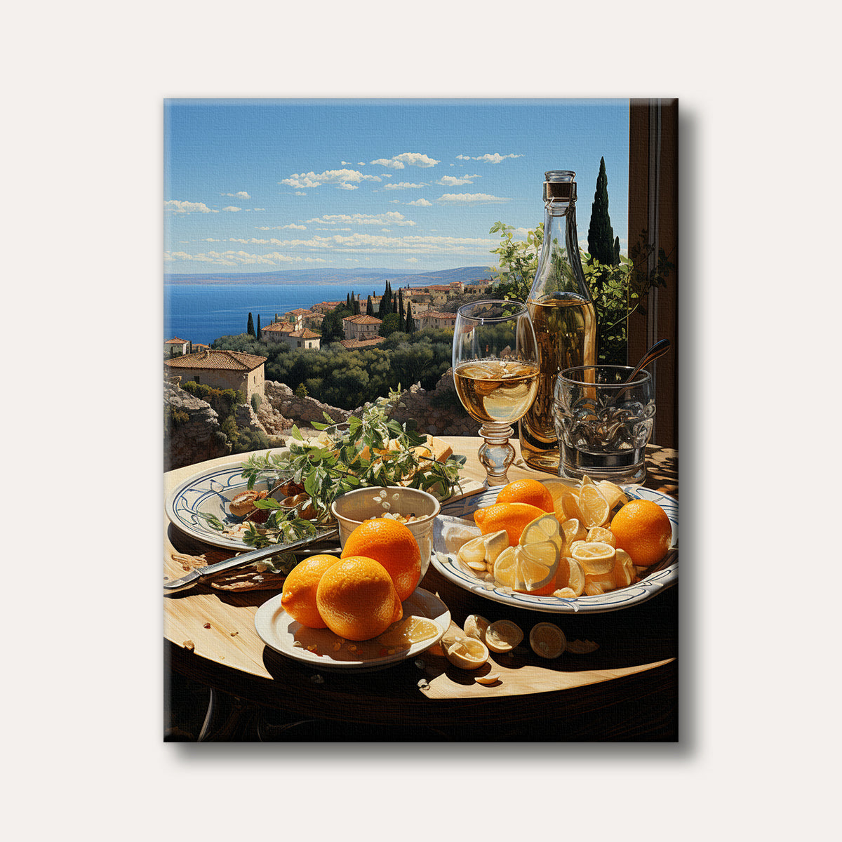 A vibrant painting of an outdoor dining table featuring fresh lemons, oranges, and wine, set against a breathtaking view of a Mediterranean coastal town and the deep blue sea, rendered in a realistic style.