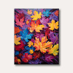 A vibrant, stylized painting depicting a dynamic cluster of colourful maple leaves in red, orange, yellow, and blue hues against a swirling purple and dark background.
