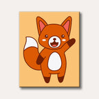 A cheerful, orange cartoon fox with white and brown markings waves, depicted in a cute, simple flat illustration style against a light orange background.