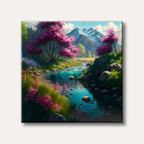 A vibrant painting of a clear blue river winding through a lush valley adorned with bright pink flowering trees and snow-capped mountains under a bright sky.
