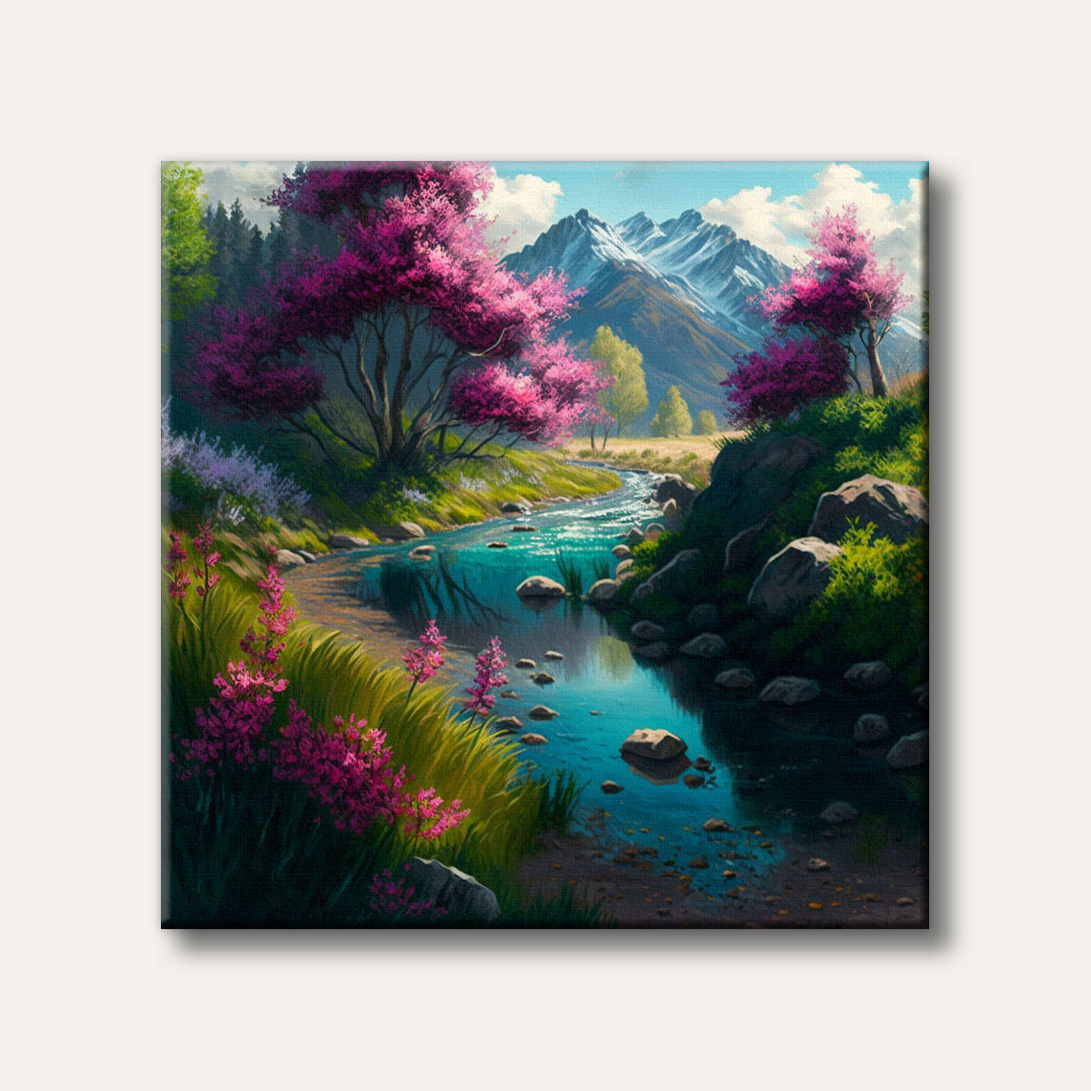 A vibrant painting of a clear blue river winding through a lush valley adorned with bright pink flowering trees and snow-capped mountains under a bright sky.