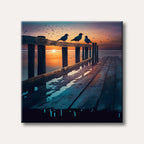 A serene painting of three dark birds perched on a rustic wooden pier, silhouetted against a vibrant orange and blue twilight sunset reflecting on calm water.