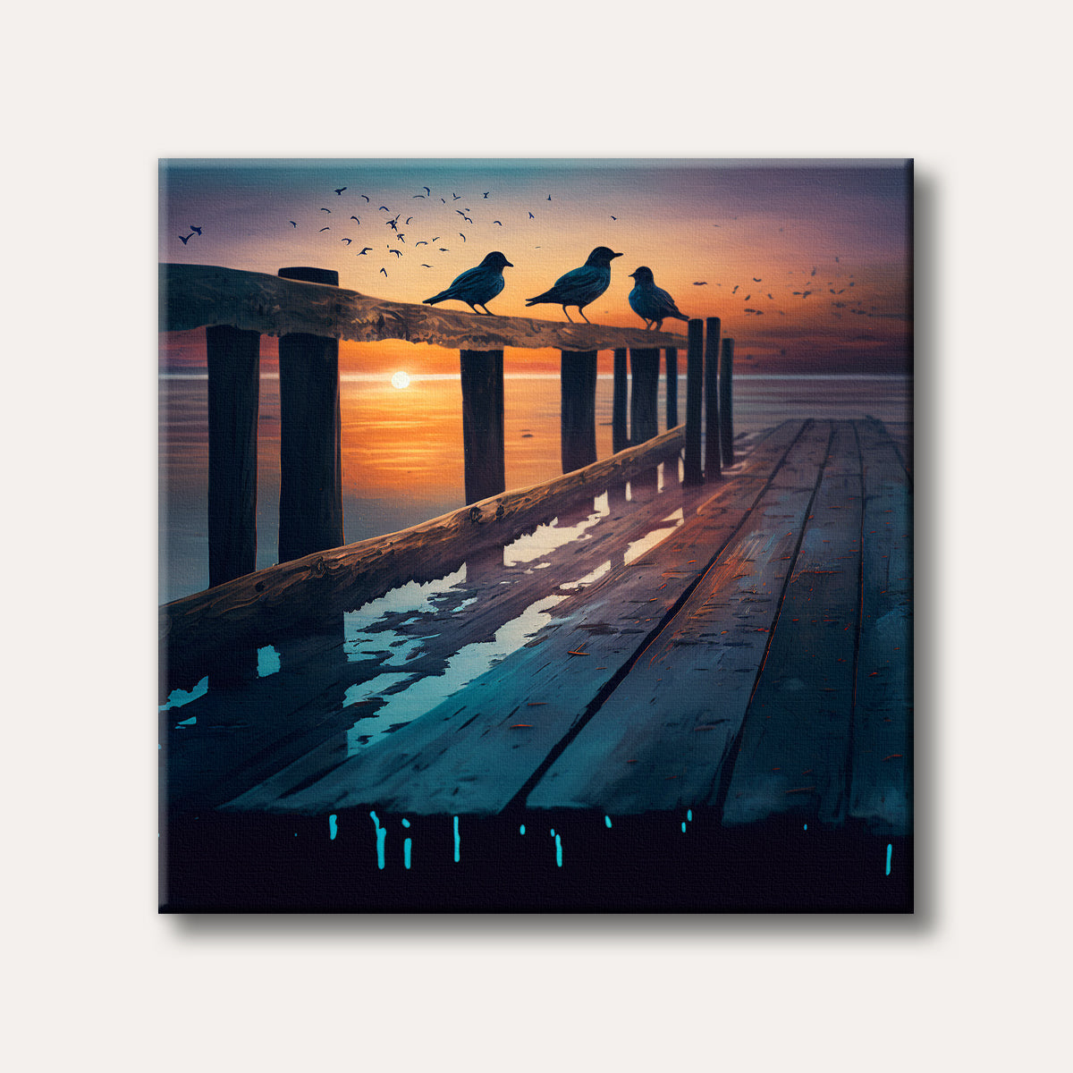 A serene painting of three dark birds perched on a rustic wooden pier, silhouetted against a vibrant orange and blue twilight sunset reflecting on calm water.
