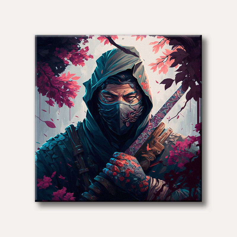 A dramatic illustration of a hooded ninja warrior with glowing eyes and a decorated face mask, holding a patterned katana, surrounded by vivid crimson and pink blossoms.