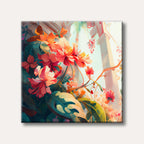 A vibrant watercolour painting depicting bright red and orange flowers and green leaves spilling over a sunlit architectural archway, creating a cheerful garden scene.