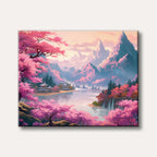 A picturesque painting of a tranquil Asian landscape at sunrise, featuring abundant pink cherry blossom trees framing a calm lake, with traditional pagodas and majestic pink-hued mountains in the background, rendered in a detailed and dreamlike style.