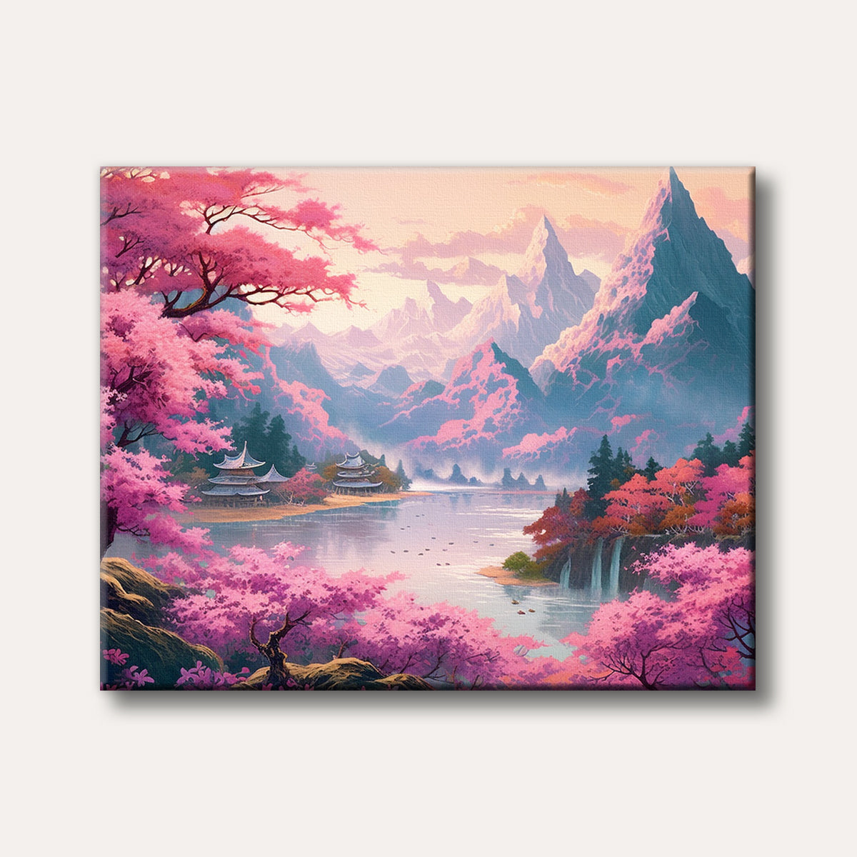 A picturesque painting of a tranquil Asian landscape at sunrise, featuring abundant pink cherry blossom trees framing a calm lake, with traditional pagodas and majestic pink-hued mountains in the background, rendered in a detailed and dreamlike style.