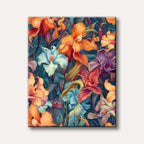 A vibrant, illustrative painting of exotic tropical flowers in shades of orange, light blue, and purple against a dark teal leafy background, creating a lush and detailed botanical scene.