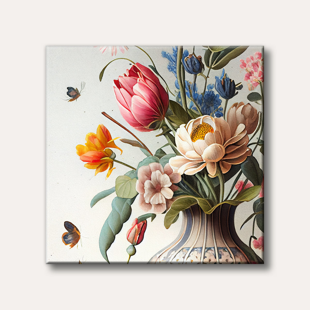 A vibrant watercolour painting of a lush floral bouquet in a decorative vase, featuring pink, yellow, and blue blossoms with delicate butterflies.