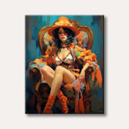 A woman in a stylish orange outfit and hat sits confidently in a gilded chair, rendered in a modern, expressive painting style with vivid colours.