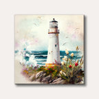 A dreamy watercolour painting of a white lighthouse on a rocky coast, surrounded by colourful wildflowers and crashing waves under a serene sky with flying birds.