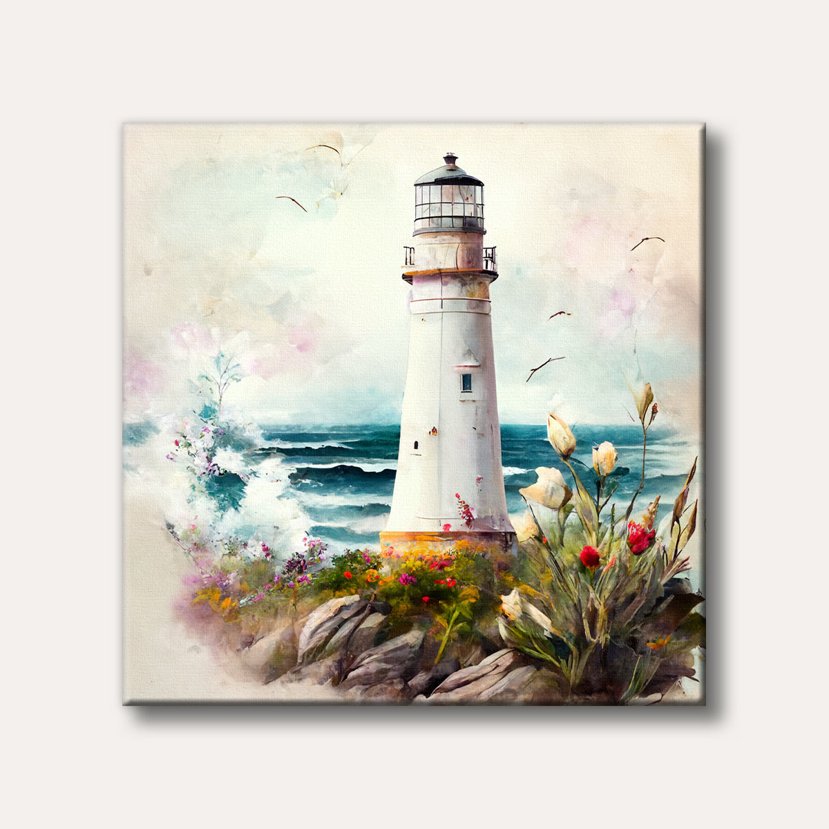 A dreamy watercolour painting of a white lighthouse on a rocky coast, surrounded by colourful wildflowers and crashing waves under a serene sky with flying birds.