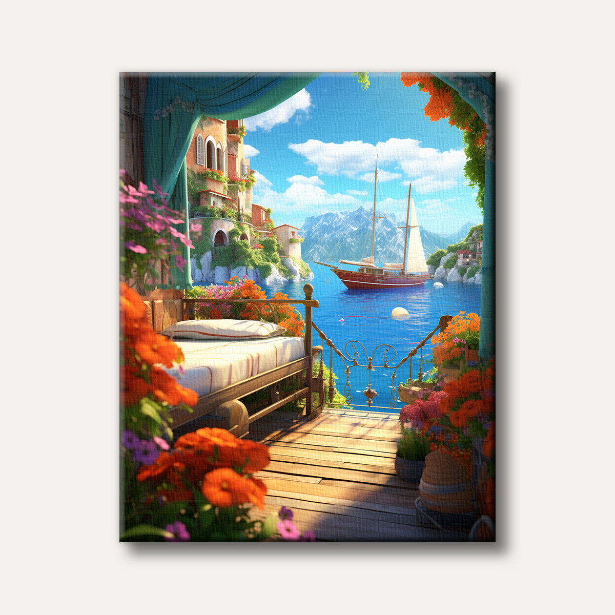 A picturesque balcony with a daybed overlooking a vibrant blue Mediterranean bay with a sailboat, colourful flowers, and cliffside buildings, depicted in a bright, realistic style.