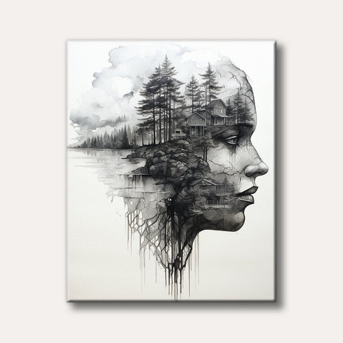 A monochromatic profile of a human head filled with a serene landscape of pine trees, houses, and a lake, rendered in a detailed and ink style with surreal elements.