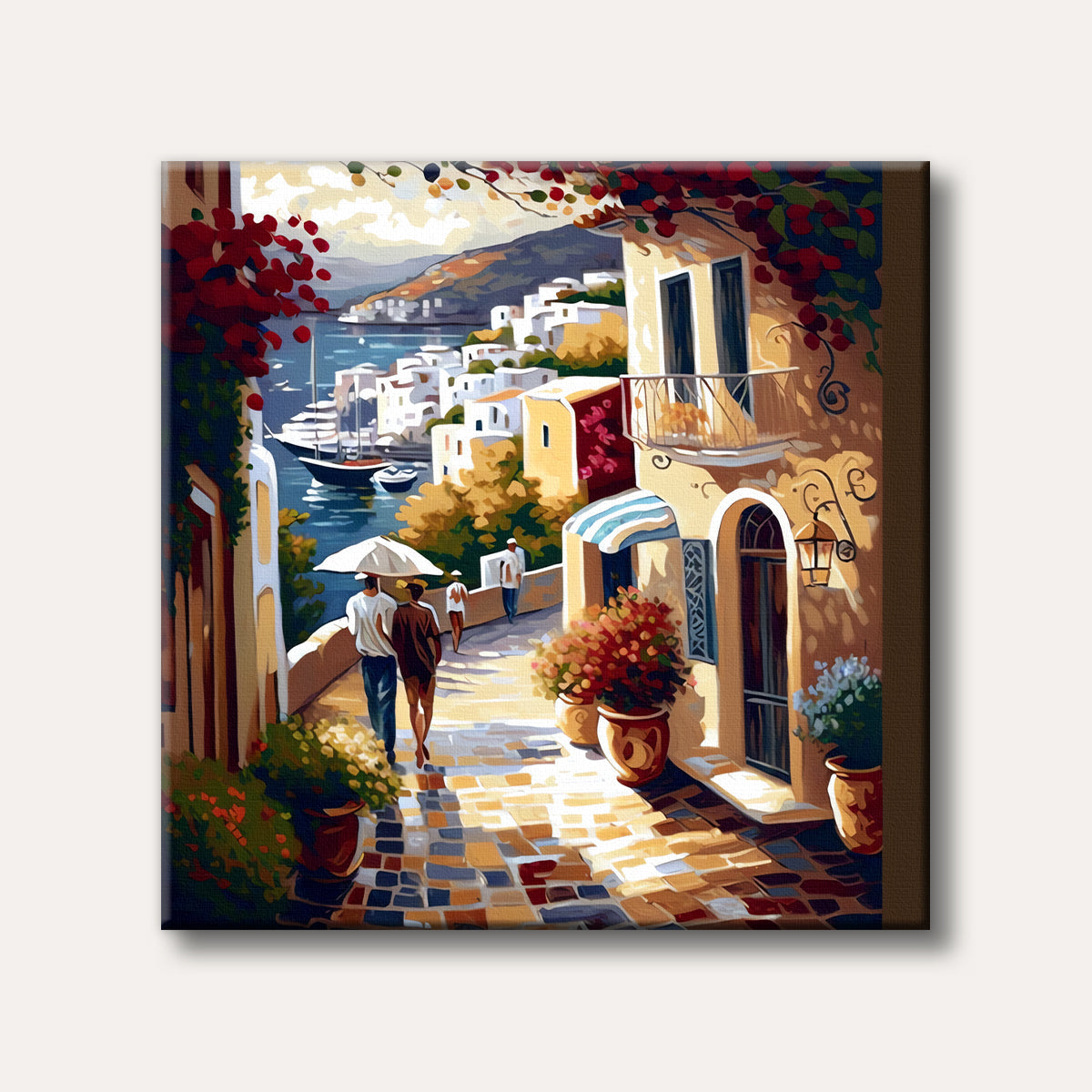 A vibrant painting depicts a couple strolling along a sun-drenched path in a picturesque Mediterranean coastal village, featuring white buildings, red bougainvillea, and a serene blue harbor with boats, rendered in a bright, painterly style.