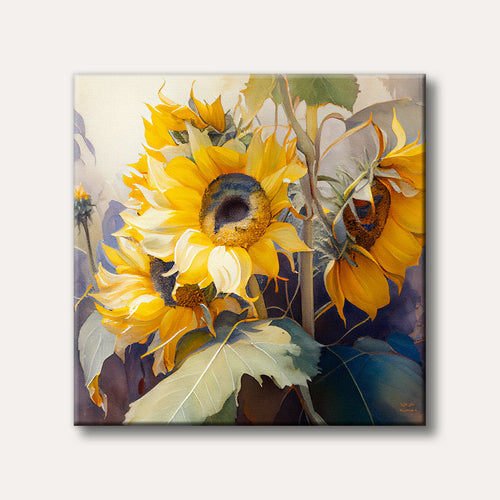 A detailed painting featuring vibrant yellow sunflowers with dark centers and green leaves, set against a soft, muted background, evoking a warm and natural mood.