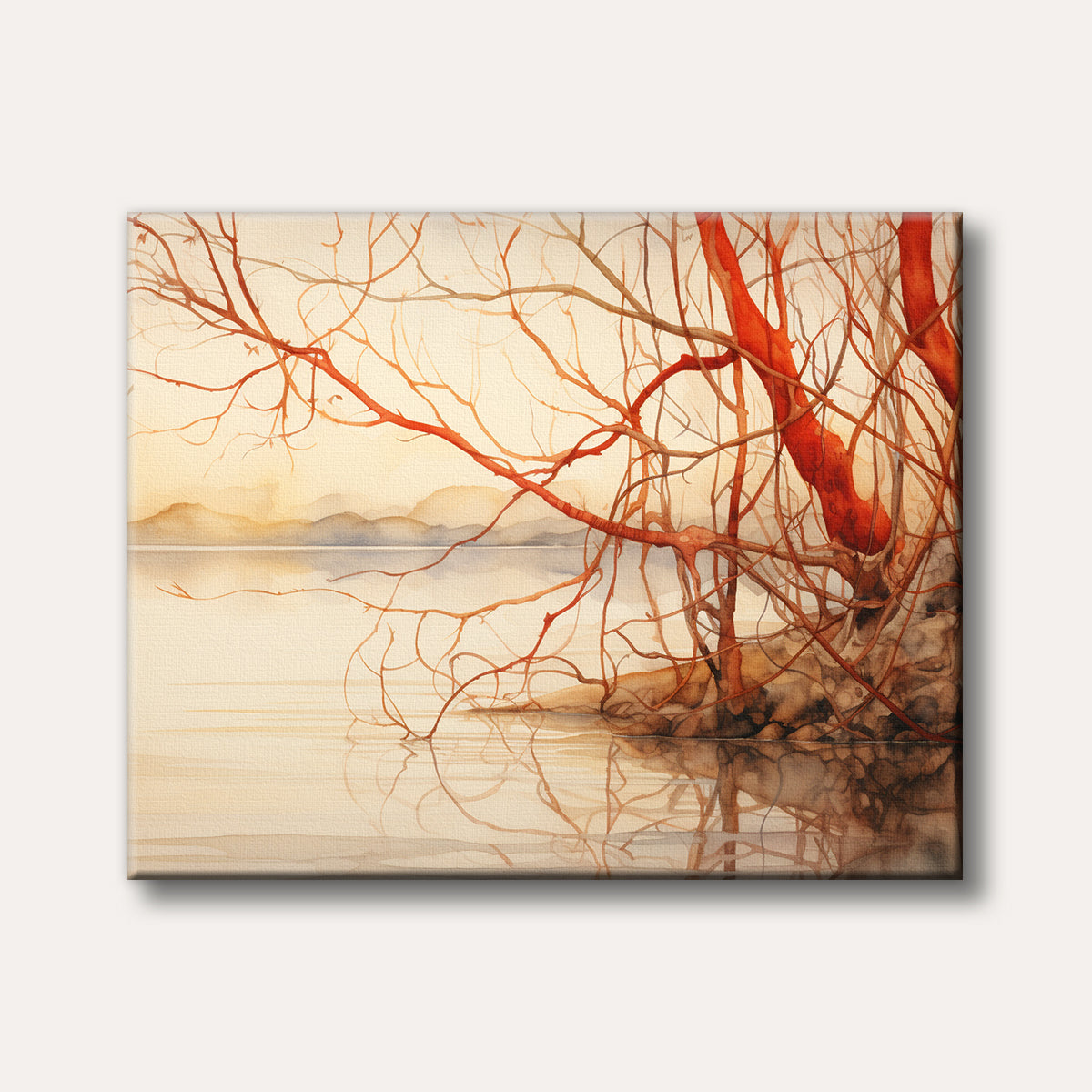 A serene watercolour painting of a calm lake reflecting the vibrant reddish-orange and brown bare branches of trees on the right, with distant misty hills under a soft, warm sky.