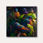 A vibrant painting depicting several exotic birds with colourful feathers nestled among lush green and yellow foliage in a dark, rich jungle setting.