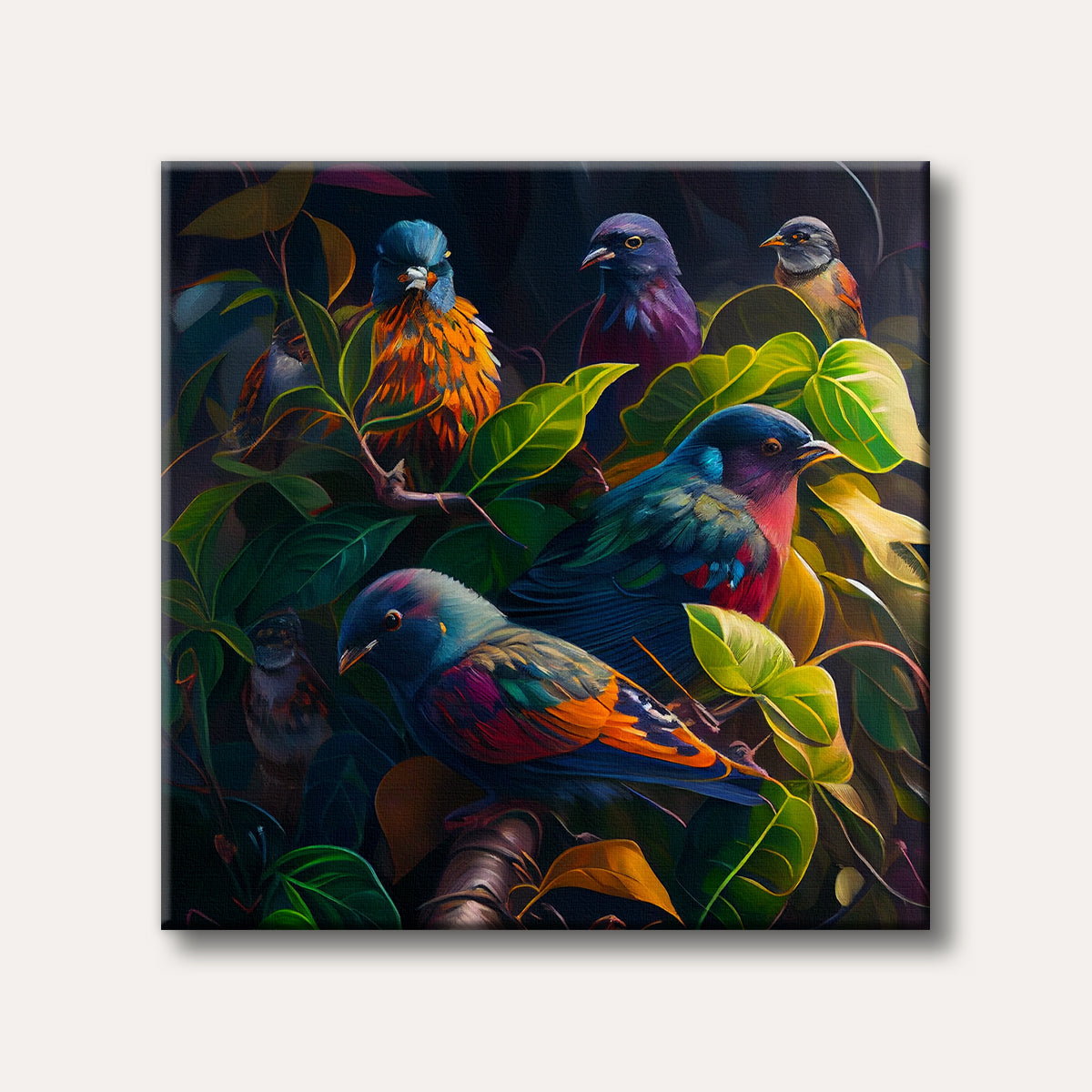 A vibrant painting depicting several exotic birds with colourful feathers nestled among lush green and yellow foliage in a dark, rich jungle setting.