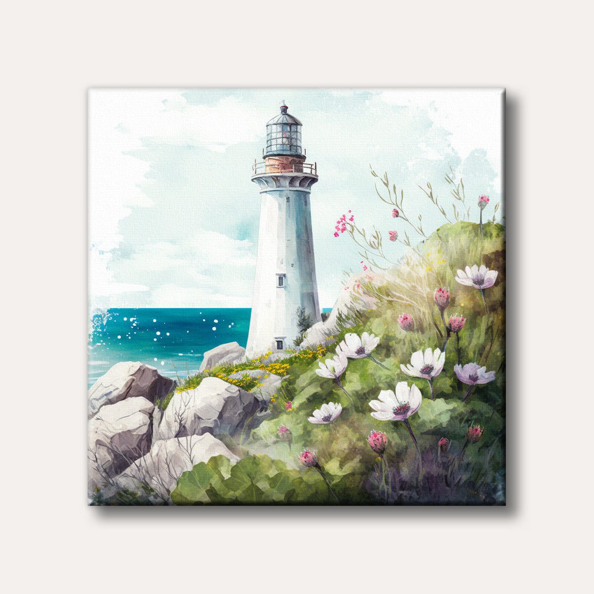A serene watercolour painting of a white lighthouse on a rocky coastal cliff overlooking a turquoise sea, surrounded by blooming white and pink flowers under a light blue sky.