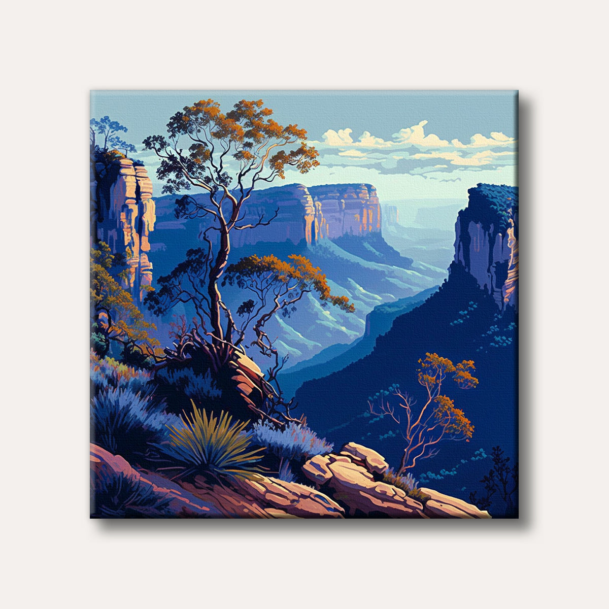 A stylized landscape painting depicting a grand canyon with towering blue cliffs and distant hazy valleys, illuminated by warm orange light on the foreground trees and rock formations, conveying a vast and tranquil mood.
