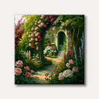 A vibrant and lush garden path leading to a charming cottage entrance, surrounded by an archway of pink roses, colourful flowers, and rich green foliage, painted in a stylized art style.
