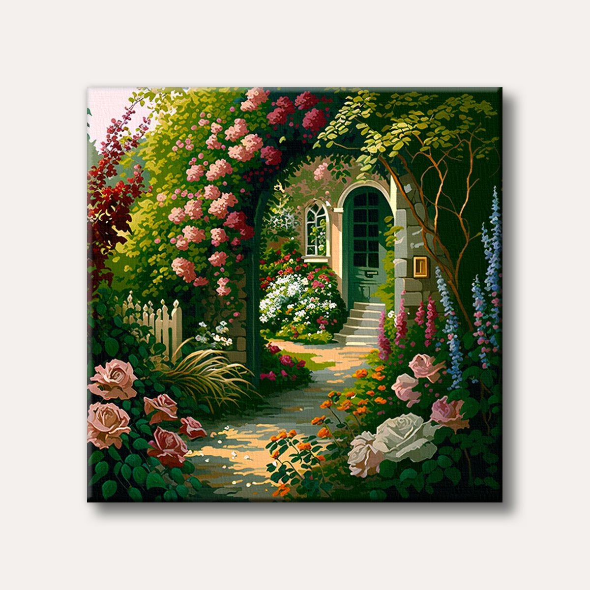 A vibrant and lush garden path leading to a charming cottage entrance, surrounded by an archway of pink roses, colourful flowers, and rich green foliage, painted in a stylized art style.