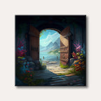 A weathered wooden doorway opens to reveal a serene mountain lake beneath a clear sky, framed by vibrant, colourful fantasy flowers and lush greenery, painted in a detailed style.