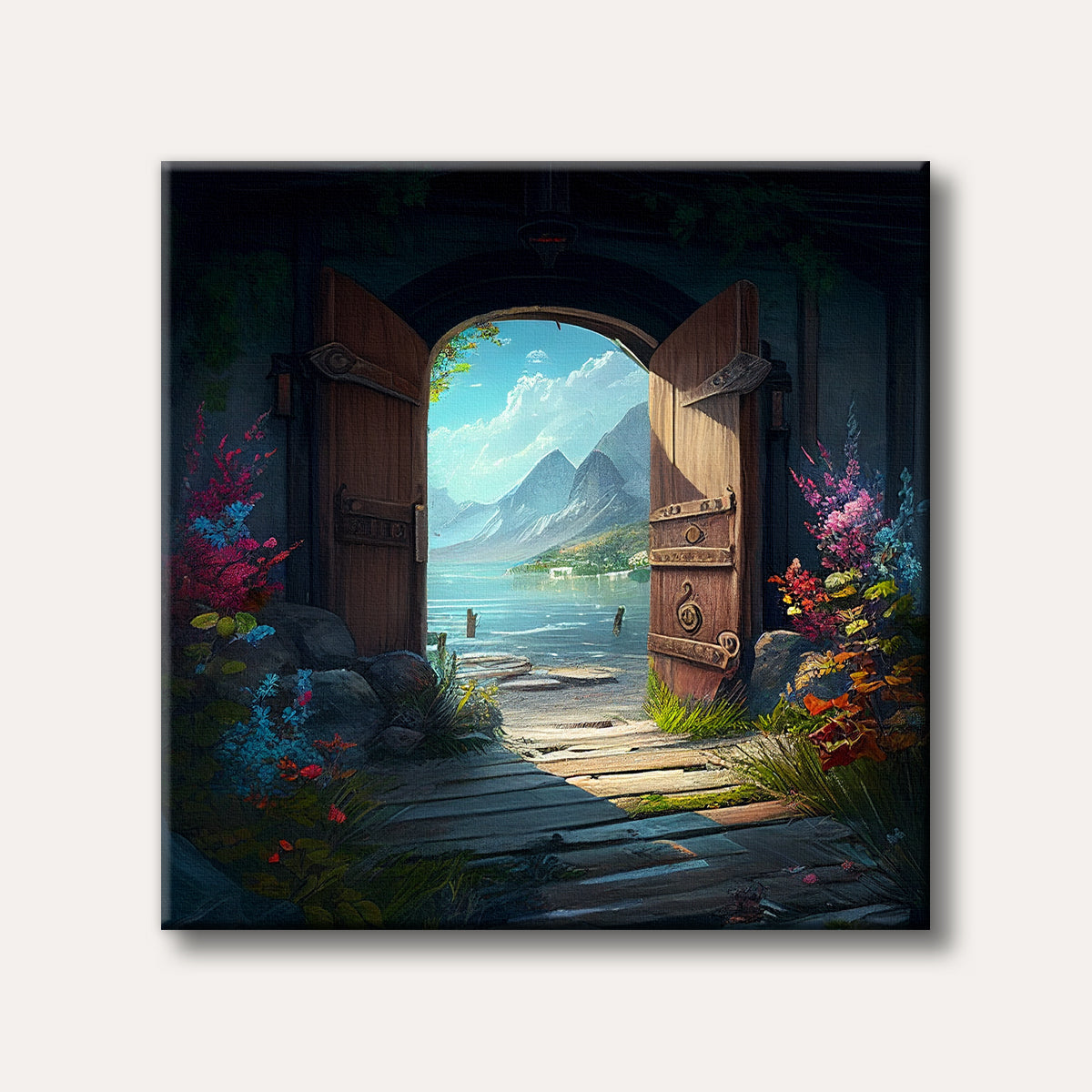 A weathered wooden doorway opens to reveal a serene mountain lake beneath a clear sky, framed by vibrant, colourful fantasy flowers and lush greenery, painted in a detailed style.