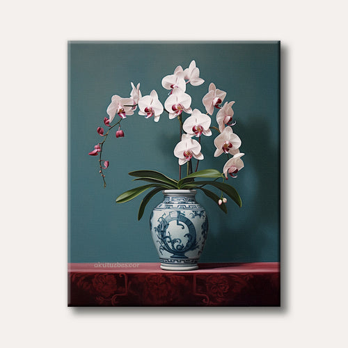 A realistic still life painting featuring white orchids with pink centers in an ornate blue and white porcelain vase, set against a dark teal wall and a red patterned table.