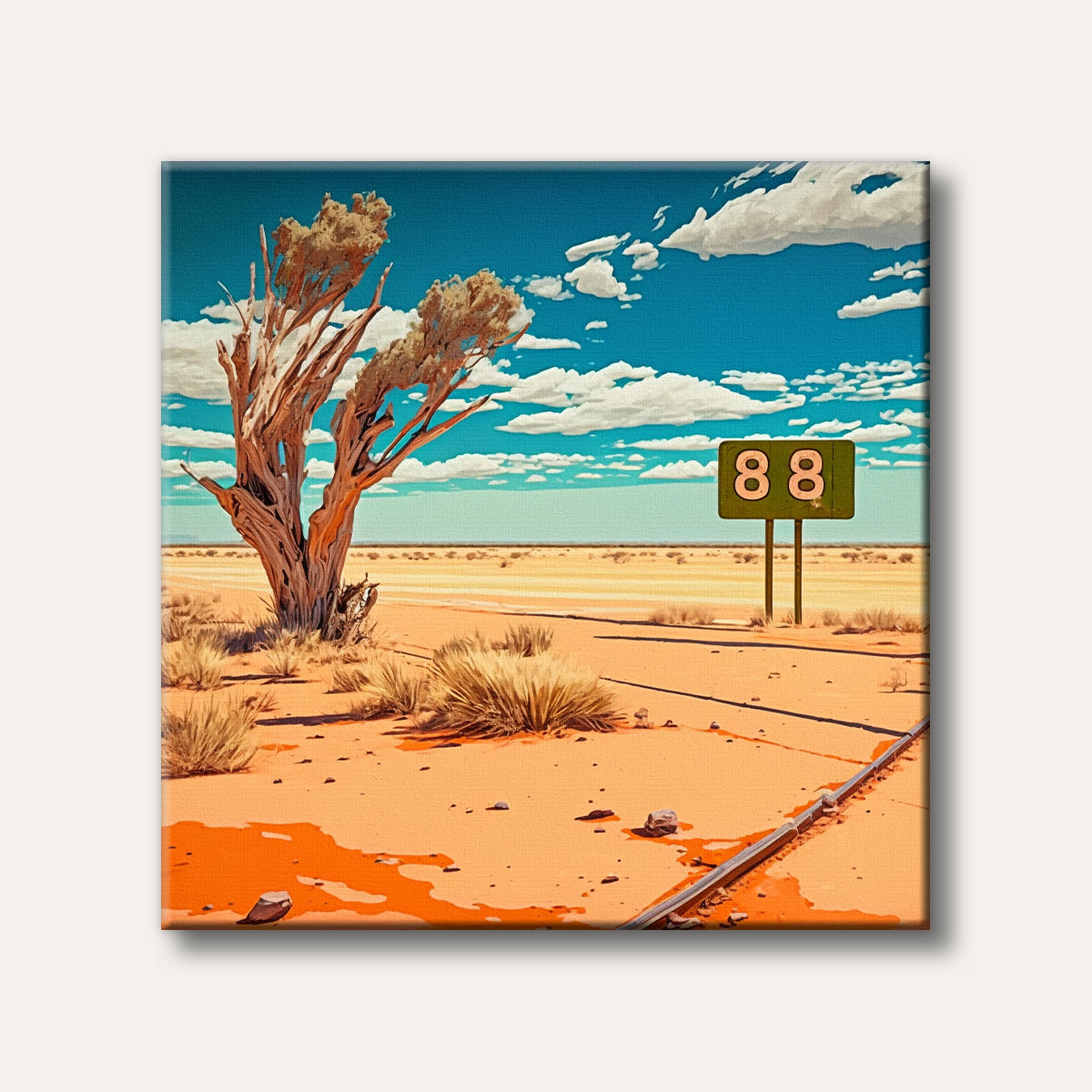 A stylized painting of a vast, orange desert landscape featuring a gnarled tree and a green "88" sign under a bright blue, cloudy sky.