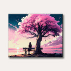 A lone figure sits on a bench under a magnificent pink cherry blossom tree, watching a vibrant pink and orange sunset over a reflective lake, rendered in a serene anime art style.