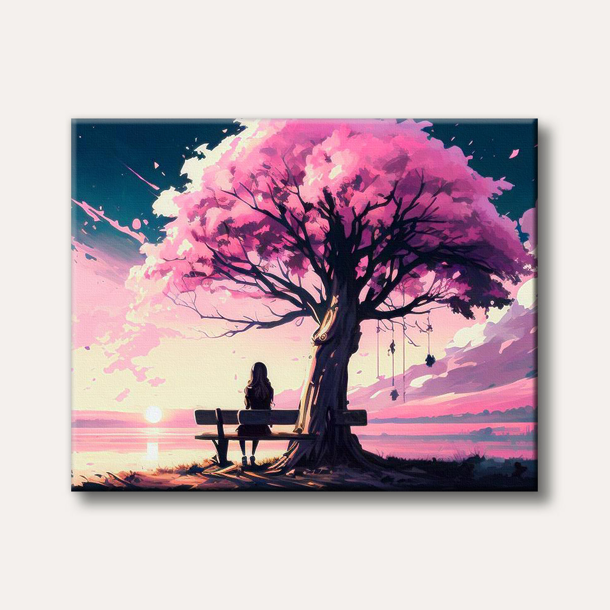 A lone figure sits on a bench under a magnificent pink cherry blossom tree, watching a vibrant pink and orange sunset over a reflective lake, rendered in a serene anime art style.