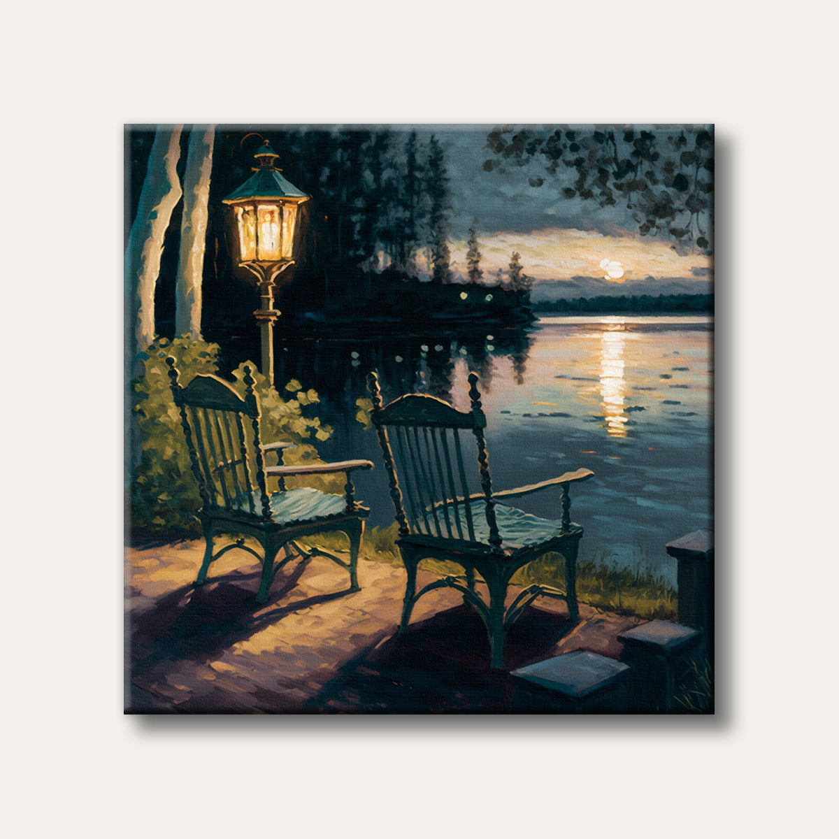 A peaceful evening scene depicting two rocking chairs on a dock next to a lake, illuminated by a lamp post and moonlight, painted in a realistic, impressionistic style.
