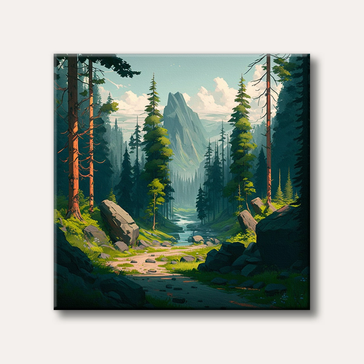 A vibrant, stylized landscape painting of a serene mountain forest with a winding river, towering trees, and sunlit rocks, evoking a peaceful mood.