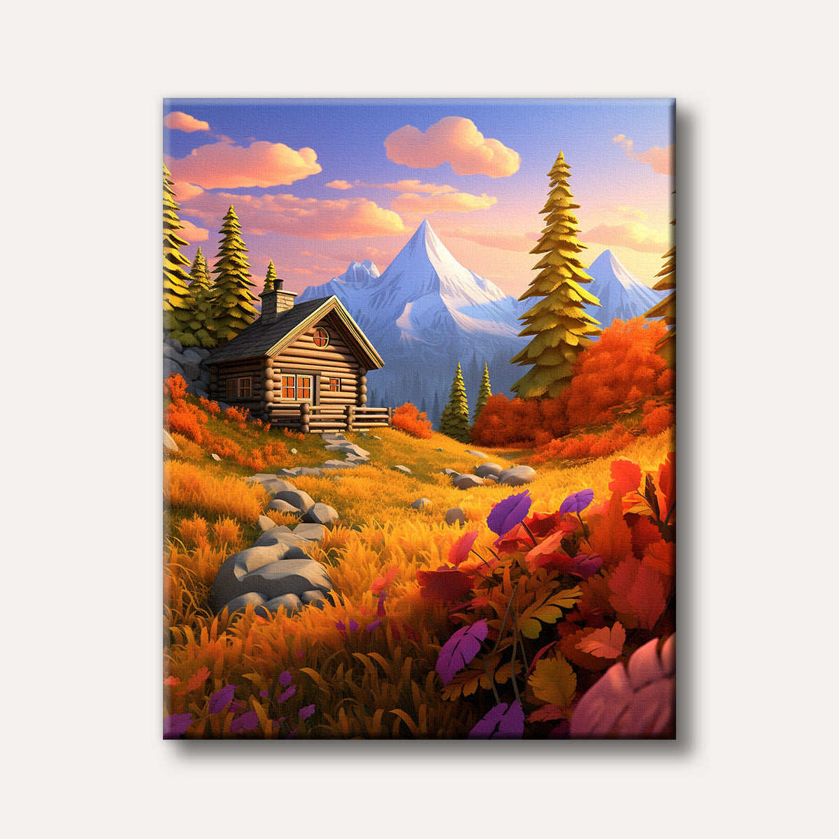 A vibrant, stylized landscape depicting a rustic wooden cabin nestled among golden autumn foliage and tall pine trees, with snow-capped mountains under a warm, sunset-hued sky.