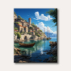 A vibrant painting of a picturesque Mediterranean coastal village perched on cliffs overlooking a calm, clear turquoise sea with boats in the harbor, under a bright blue sky.