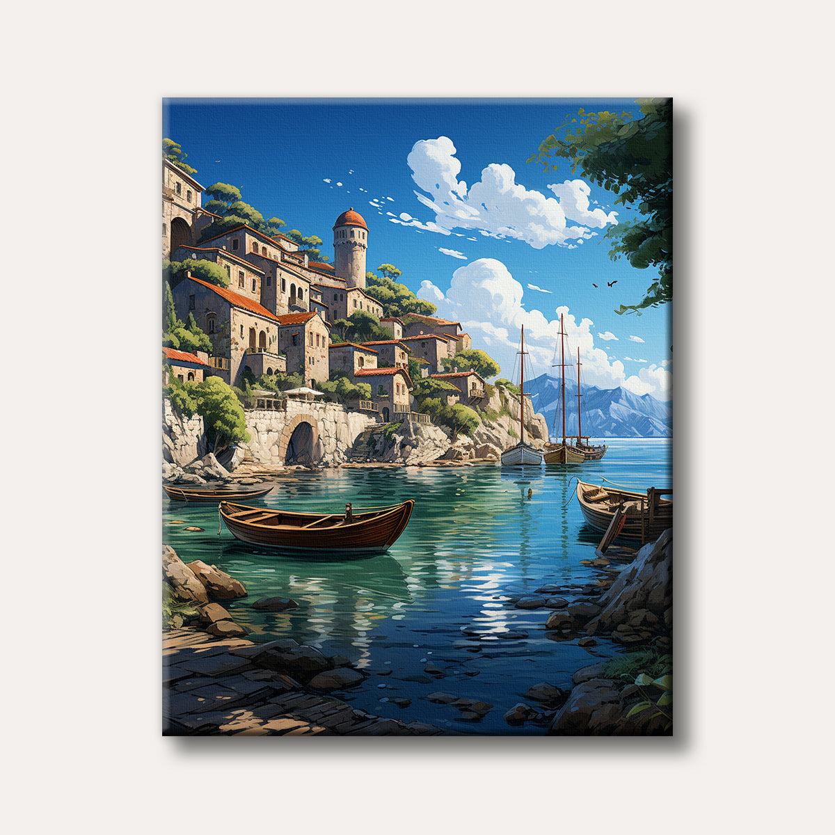 A vibrant painting of a picturesque Mediterranean coastal village perched on cliffs overlooking a calm, clear turquoise sea with boats in the harbor, under a bright blue sky.