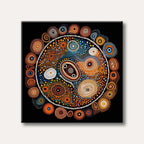 A visually rich image displaying a circular mandala pattern created with numerous small, vibrant dots and concentric circles, reminiscent of Indigenous Australian dot painting, set against a black background.