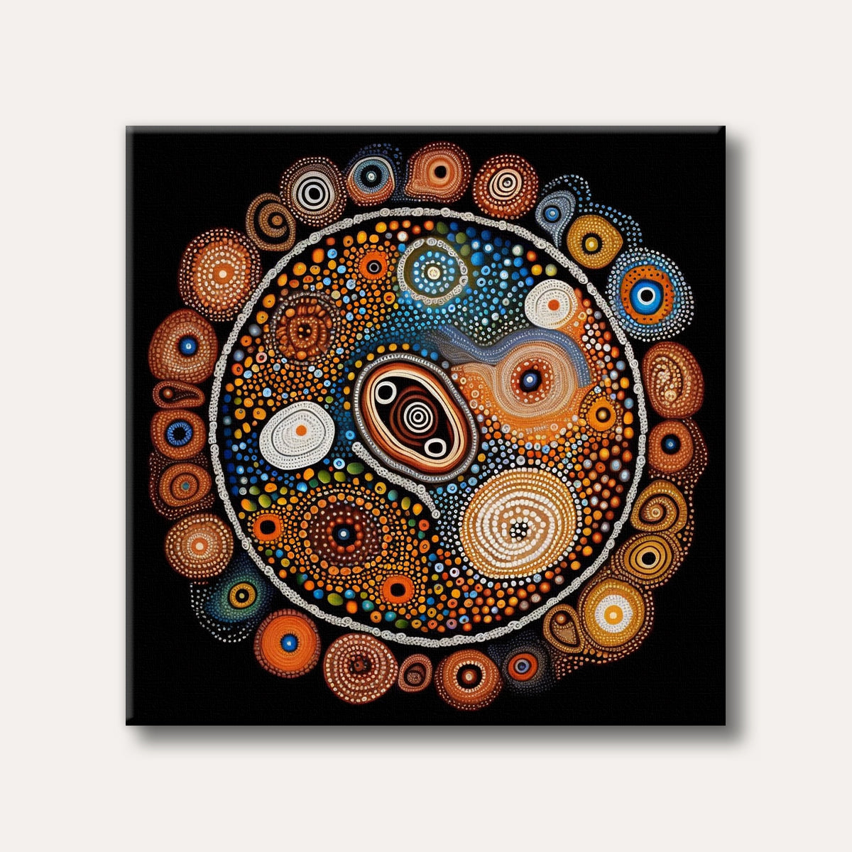 A visually rich image displaying a circular mandala pattern created with numerous small, vibrant dots and concentric circles, reminiscent of Indigenous Australian dot painting, set against a black background.